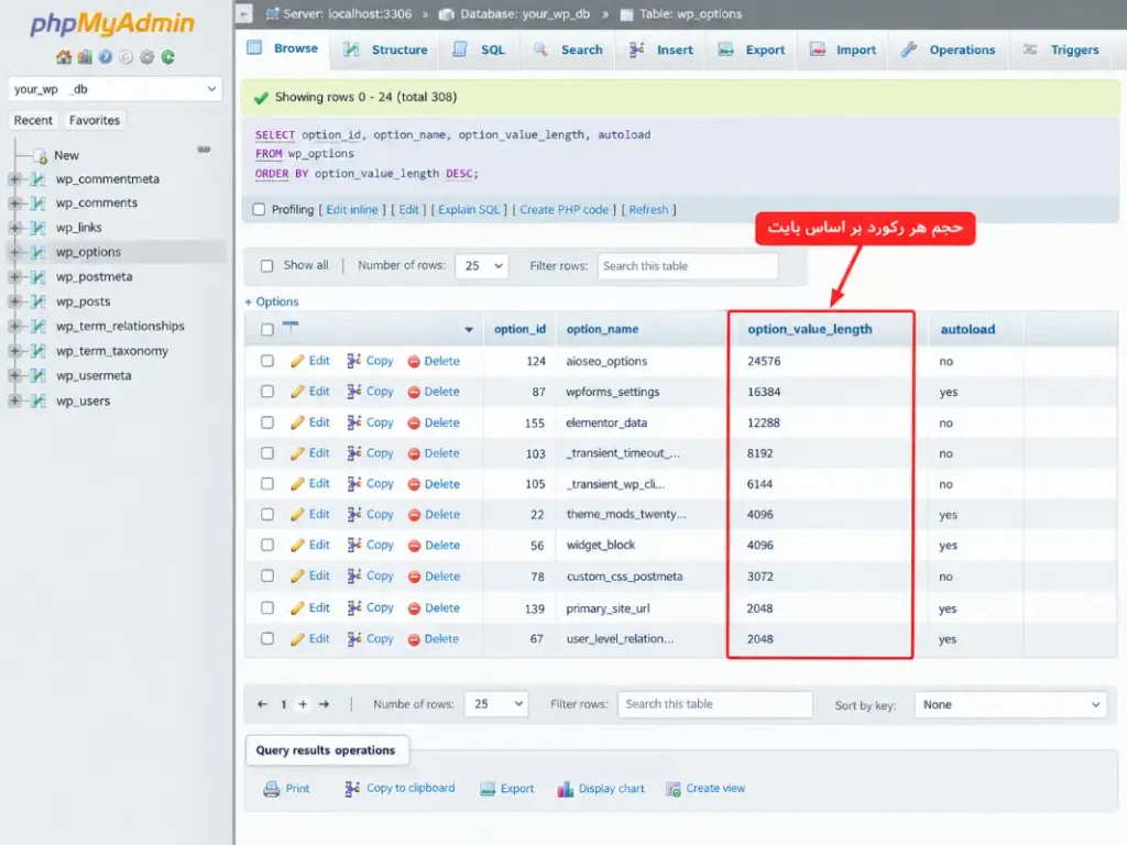 بررسی رکوردهای بزرگ wp_options با دستور SQL در phpMyAdmin