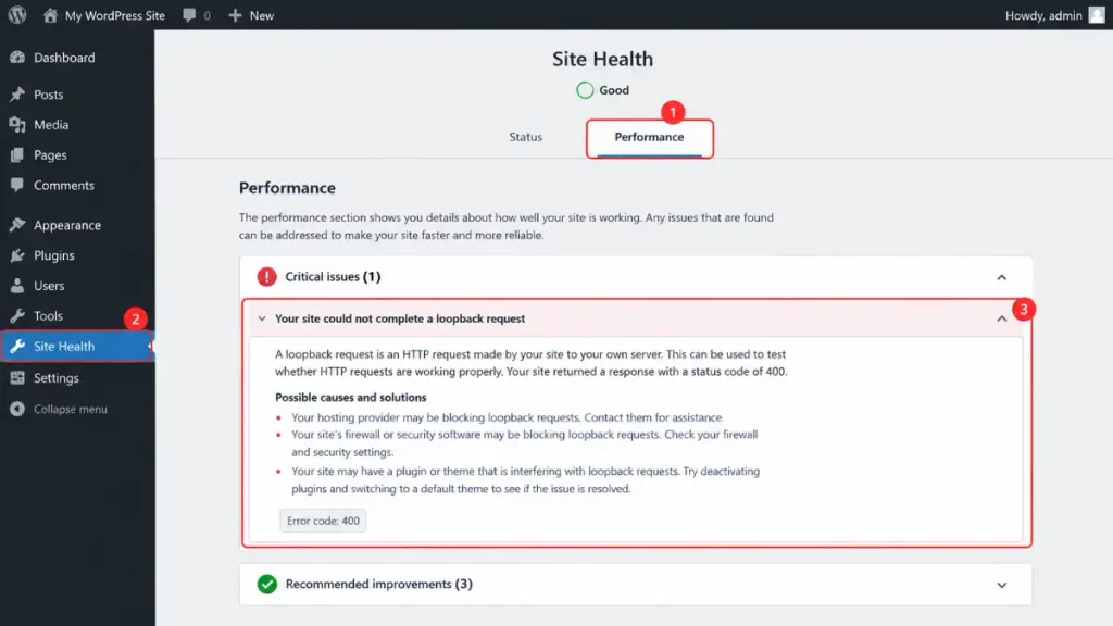 محل نمایش خطای Loopback Request در بخش سلامت سایت وردپرس